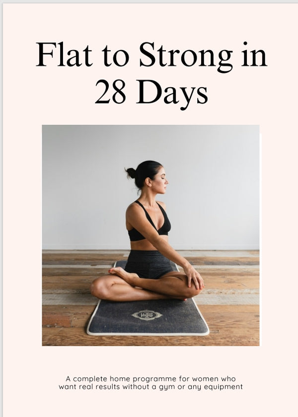 Flat to Strong in 28 Days home workout program for women doing seated yoga exercise on mat